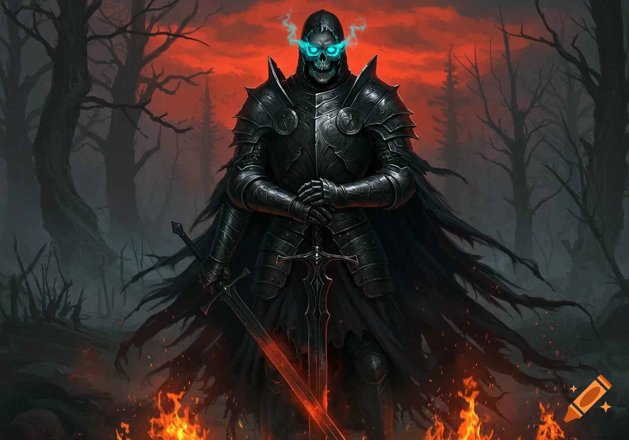 A skeleton black knight in full armor stands in a dark, fiery forest with a red sky, holding a glowing sword.