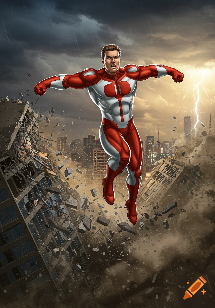 A powerful superhero in a red and white suit floats above a destroyed city, with a lightning storm in the background.