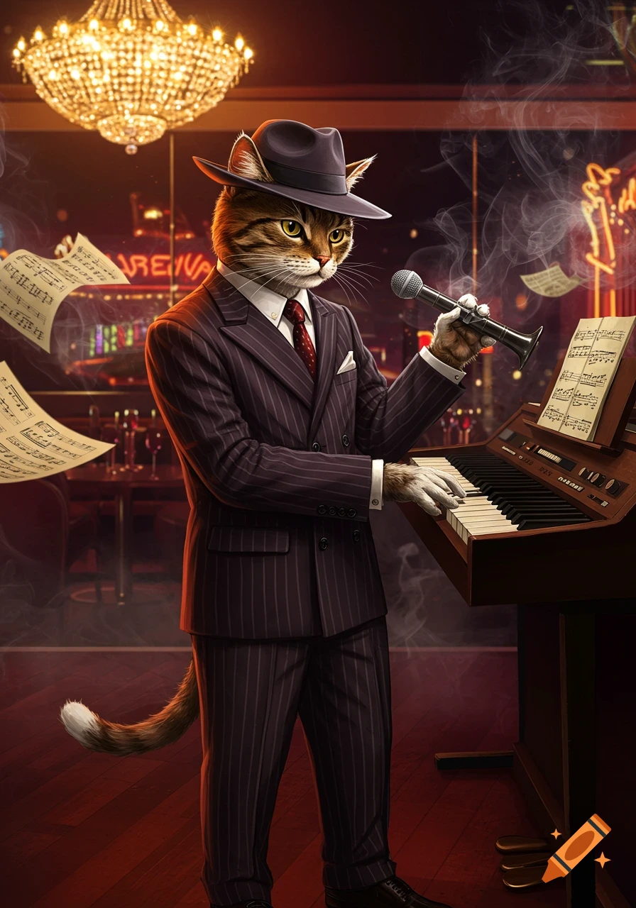 A dapper anthropomorphic cat in a pinstripe suit and fedora plays an organ in a smoky jazz club, holding a microphone.