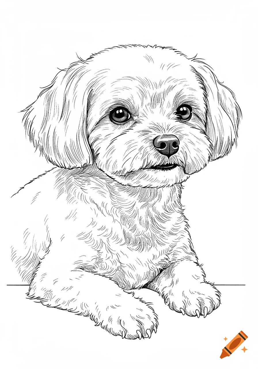 Black and white line art drawing of a fluffy white dog, possibly a Maltese, lying down.