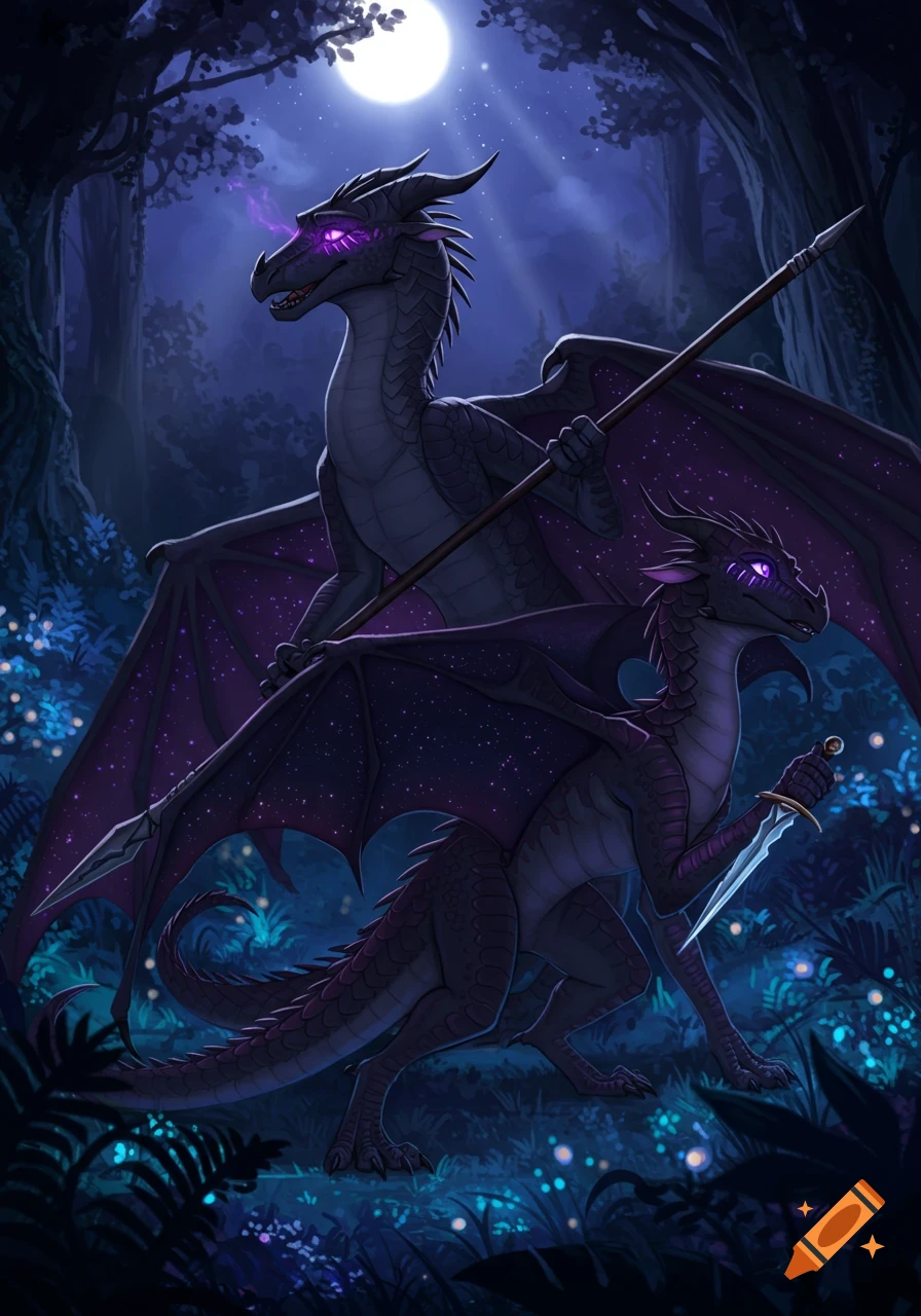 Two dark NightWing dragons, one holding a spear and the other a dagger, stand in a mystical, moonlit forest. Digital illustration.