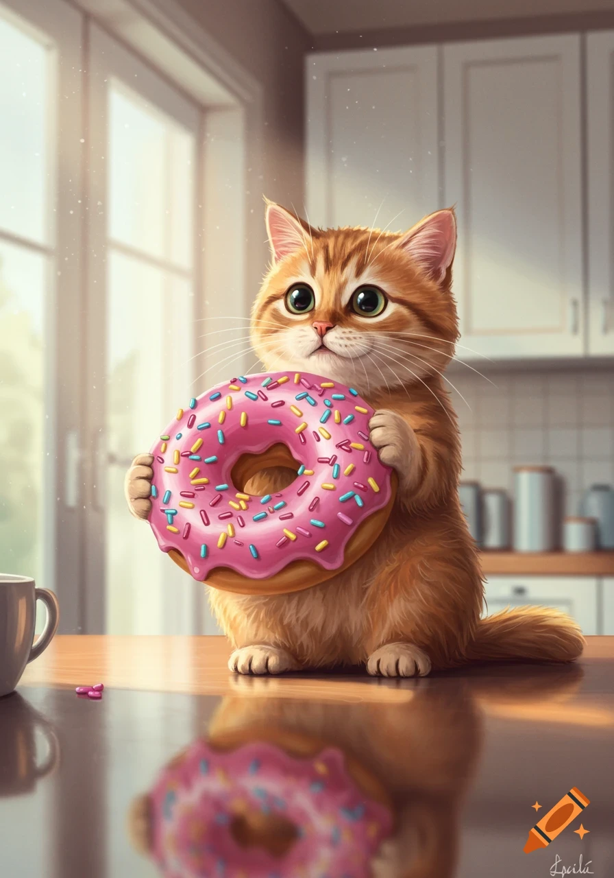 A cute, fluffy orange tabby cat holds a large pink frosted donut with sprinkles on a wooden kitchen counter.