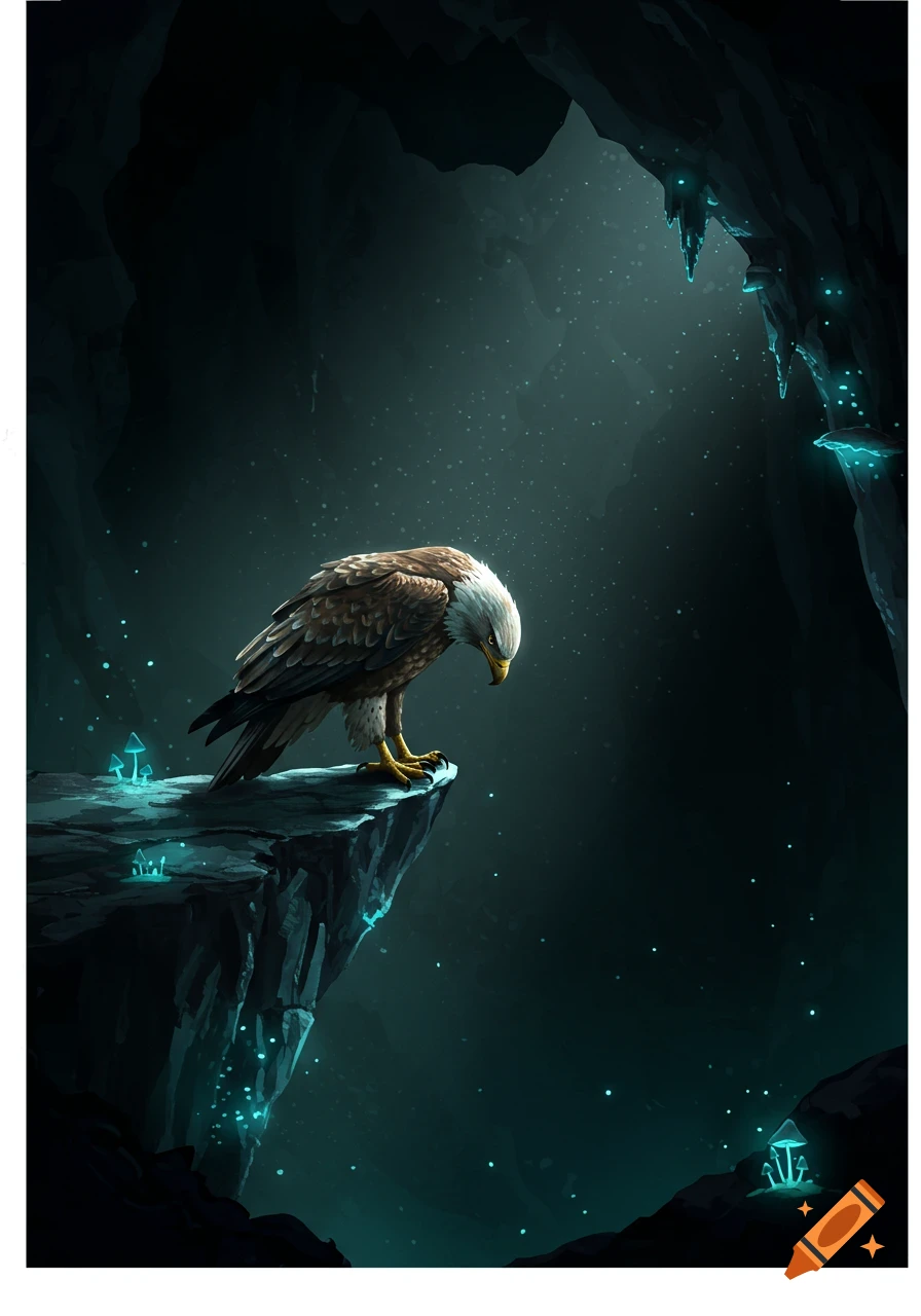 An eagle stands on a cliff ledge in a dark cave illuminated by glowing mushrooms and light from above, looking downward.