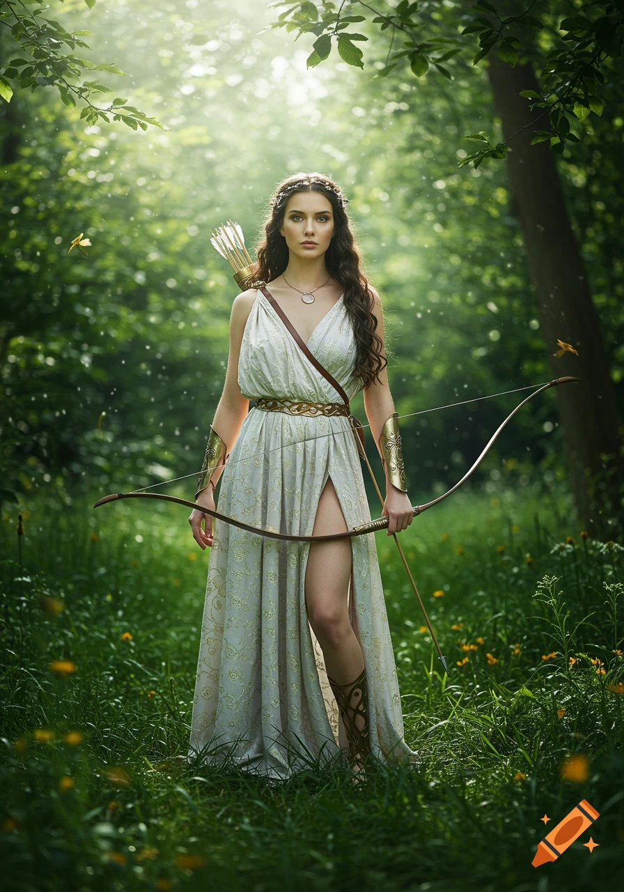 A photorealistic image of a woman dressed as the Greek goddess Artemis, holding a bow, standing in a lush, sunlit forest.
