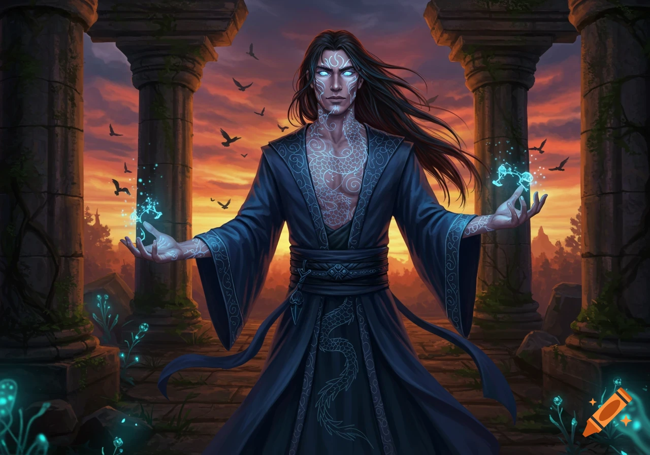 A male sorcerer with glowing blue markings on his face and chest, wearing a dark robe, casts a spell between ancient ruins at sunset.