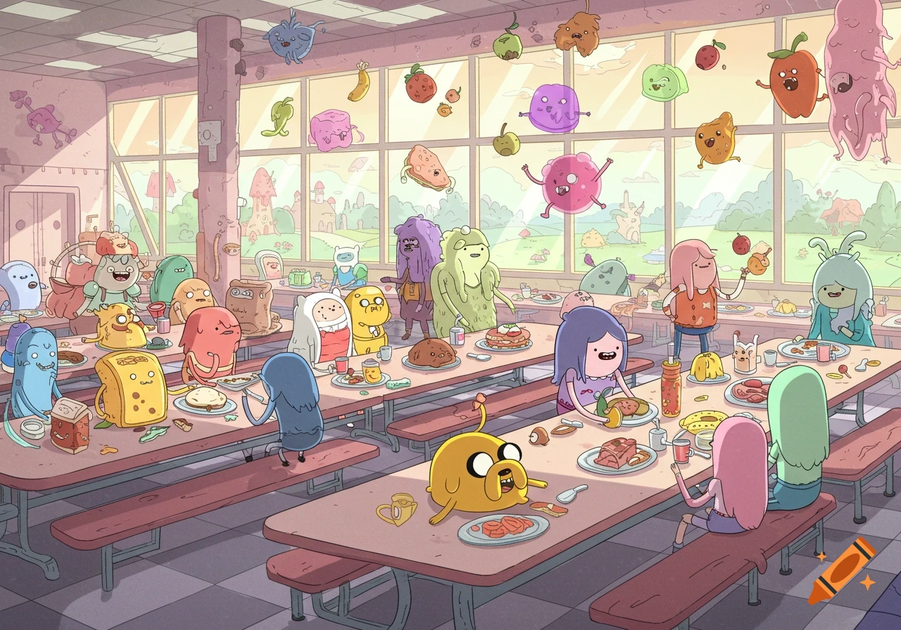 Cartoon characters from Adventure Time eating and socializing in a brightly lit cafeteria with large windows.