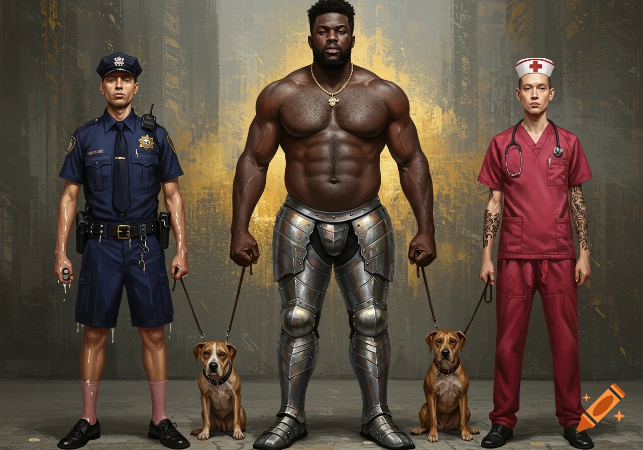 Three men stand side-by-side. A muscular Black man in medieval armor pants stands between a police officer in shorts and a nurse in scrubs, each holding a leash connected to a dog sitting at their feet.