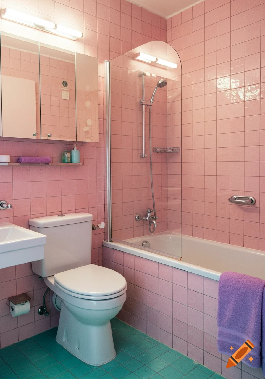 A vintage-style bathroom with pink tiled walls and a teal tiled floor. It features a white toilet, a white sink, and a bathtub with a glass shower screen.