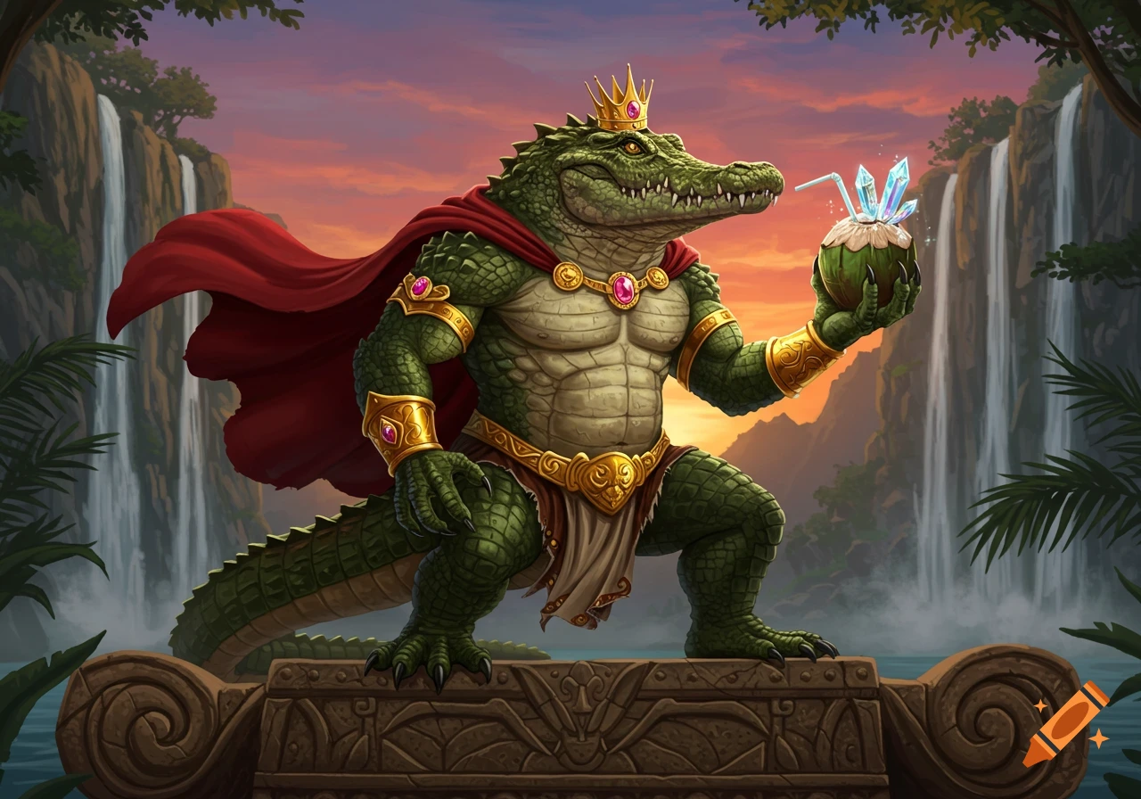 A powerful anthropomorphic crocodile king with a gold crown and red cape stands in a jungle with waterfalls, holding a coconut drink with glowing crystals.