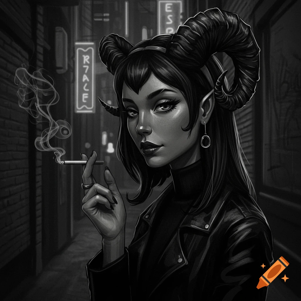 A grayscale digital illustration of a horned woman in a leather jacket smoking a cigarette in a dark alley.