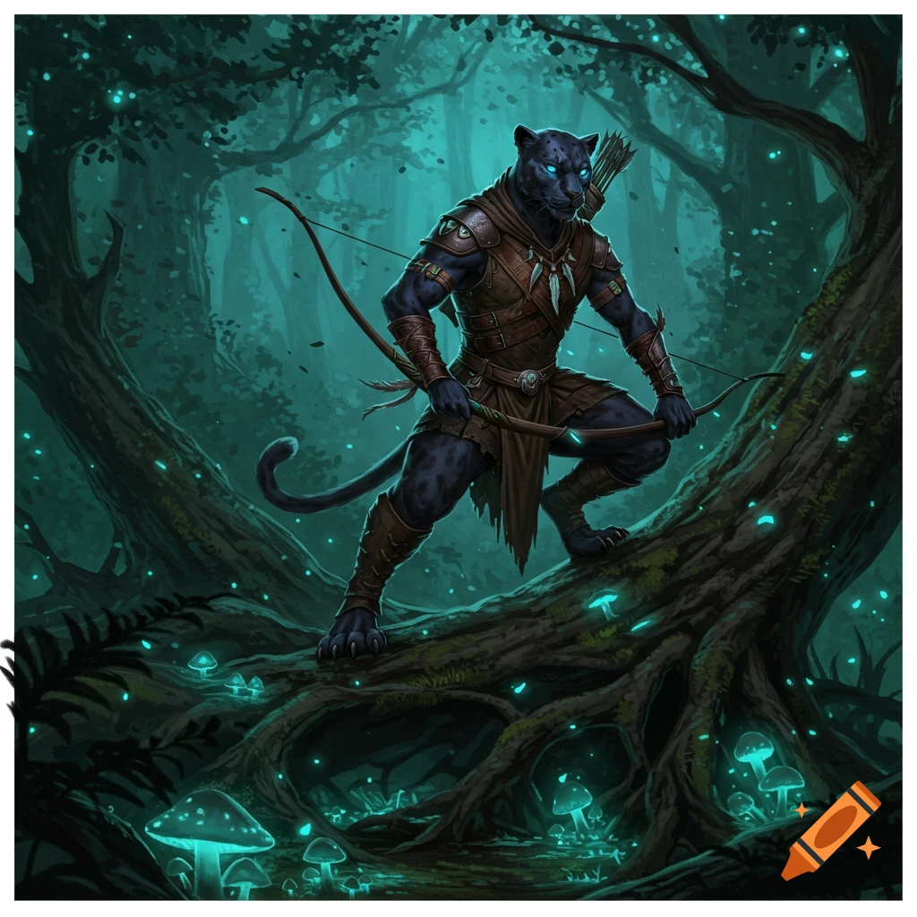 A dark panther-like creature with glowing blue eyes, dressed in leather armor and holding a bow, crouches on a tree root in an enchanted forest with glowing blue mushrooms.