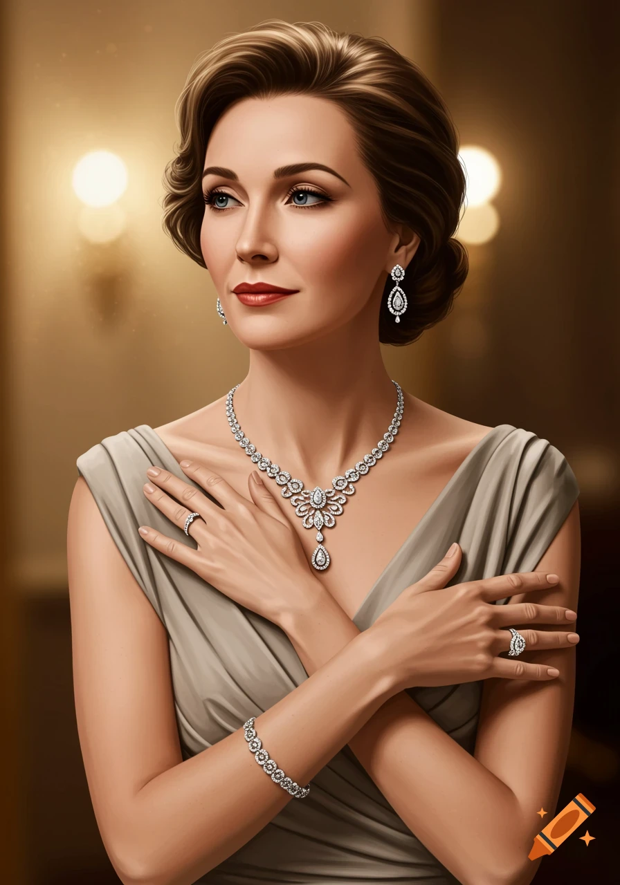 Photorealistic portrait of an elegant woman with brown hair and blue eyes, wearing an elaborate diamond necklace, earrings, bracelet, and rings, against a warm, blurred background.