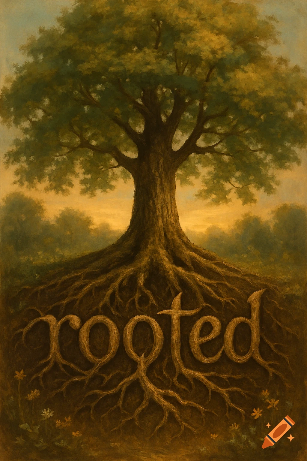 A large tree with prominent roots spelling out the word "rooted" in an earthy, illustrative style against a warm, muted background.