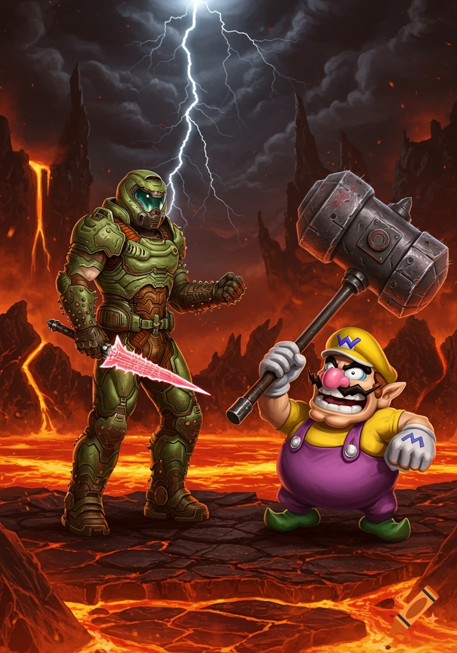 Doom Slayer with a glowing red sword faces Wario holding a large hammer in a fiery, volcanic landscape under a stormy sky.