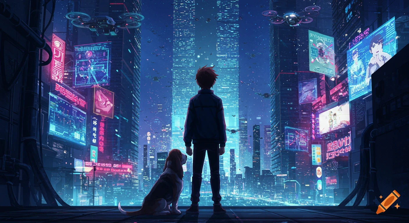 Anime style image of a boy and his dog on a rooftop, overlooking a vibrant, neon-lit cyberpunk city at night.