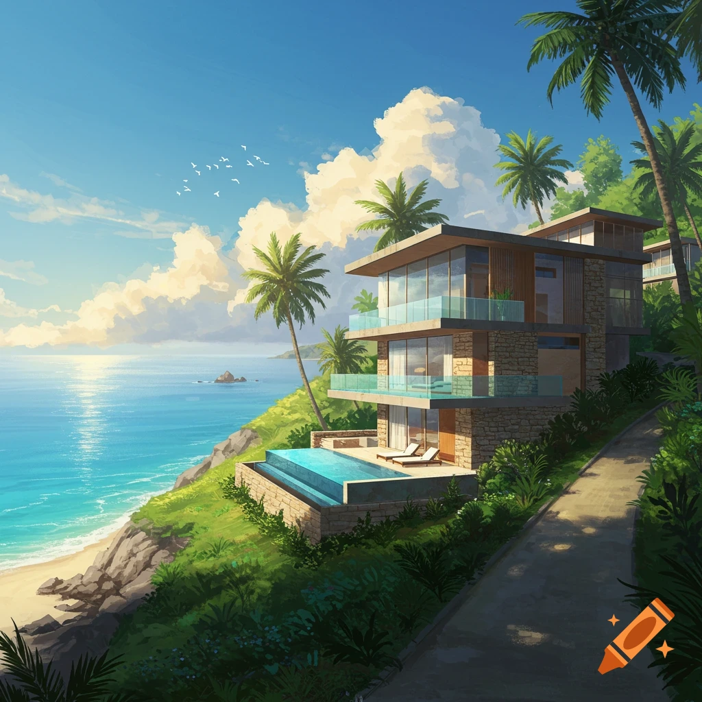 An illustrated view of a modern two-story hillside beach villa with a pool overlooking a sunny, calm blue ocean.