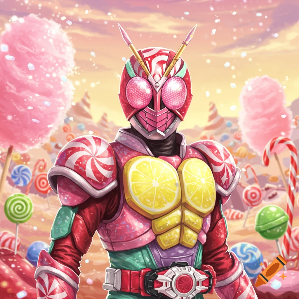 A candy-themed Kamen Rider character stands in a whimsical candy land with lollipops and cotton candy.