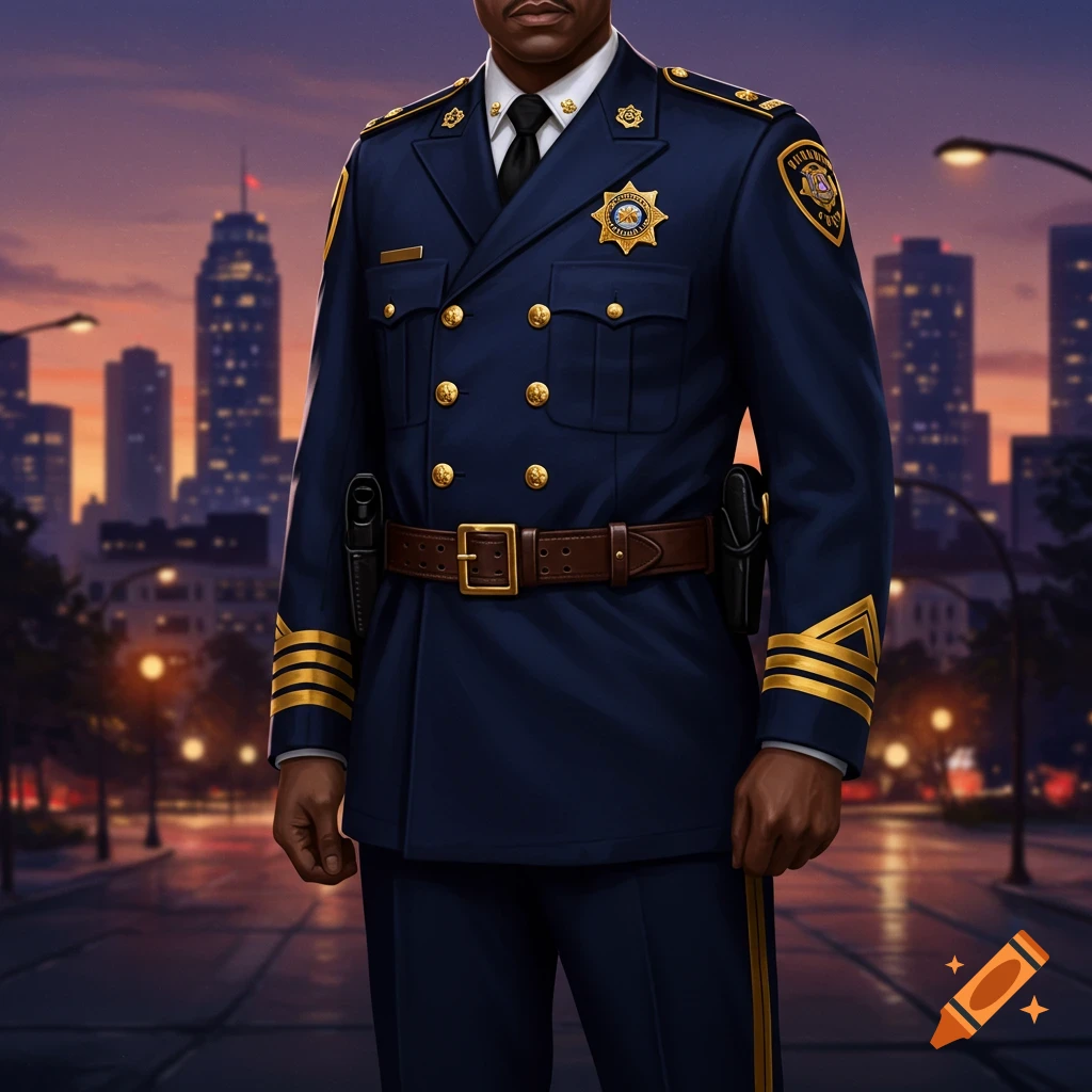 A person in a navy blue police uniform stands in a city at dusk.