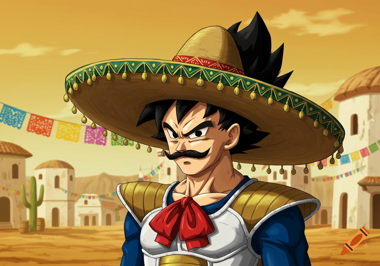 Anime-style illustration of Prince Vegeta from Dragon Ball Z wearing a sombrero and mustache in a desert town.