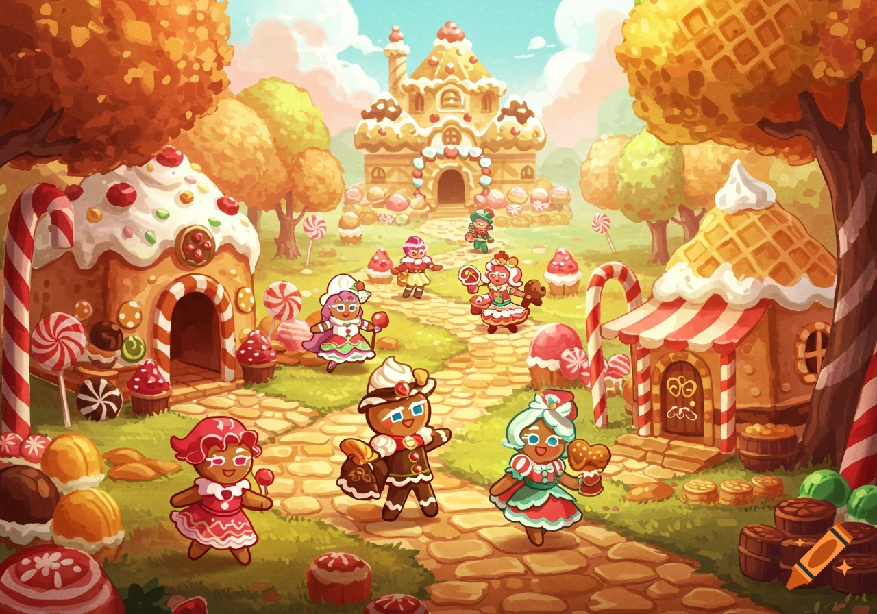 A colorful, whimsical illustration of gingerbread characters walking through a candy land with houses made of sweets.
