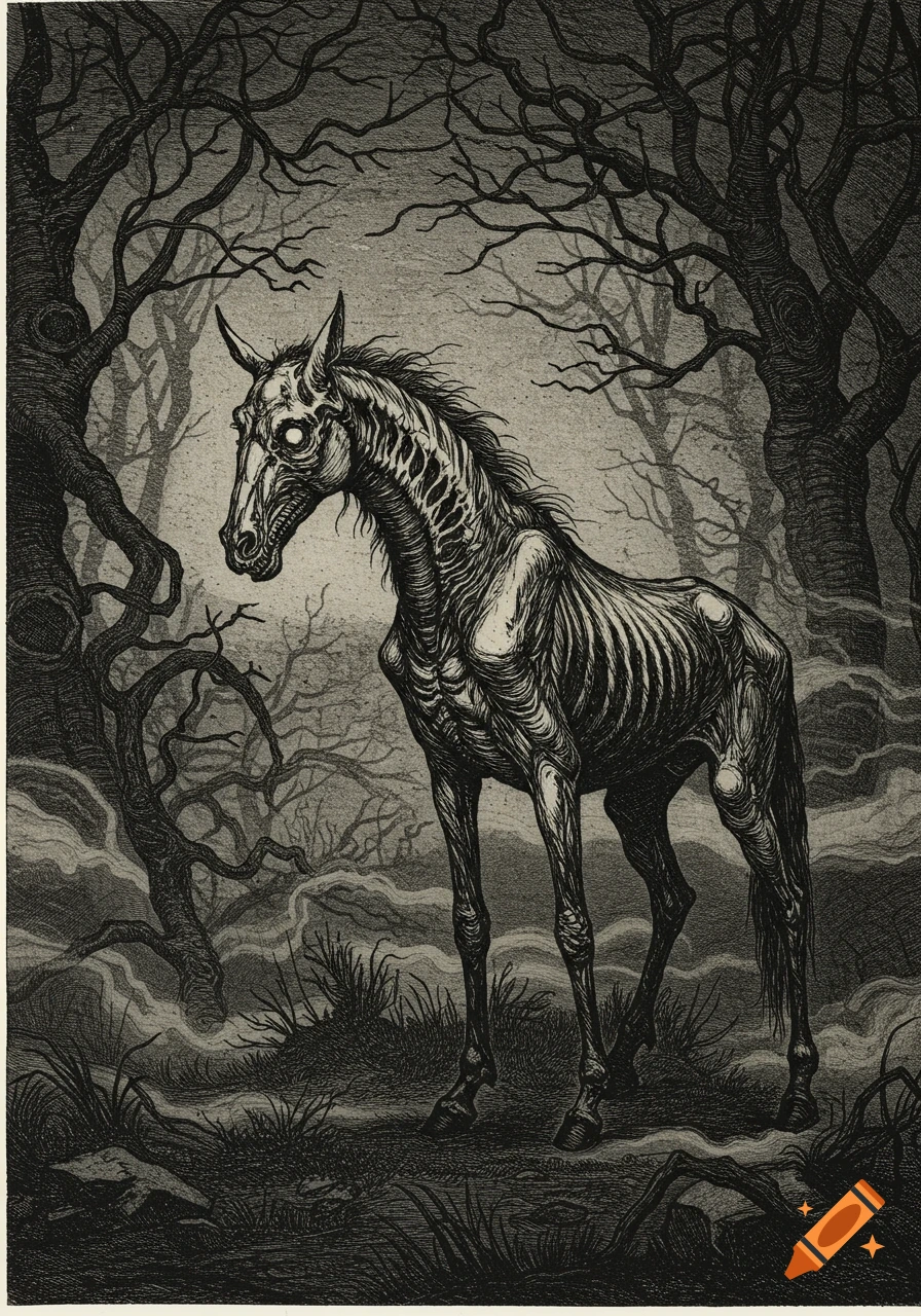 A skeletal horse stands in a dark, misty forest, rendered in a detailed old etching or woodcut style.