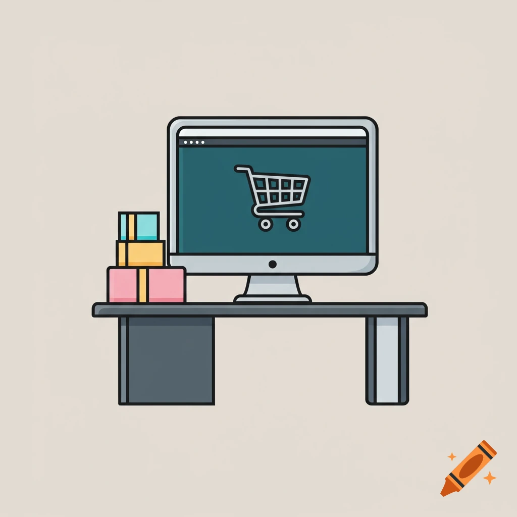 A minimal illustration of a computer desk with a monitor displaying a shopping cart icon and gift boxes.