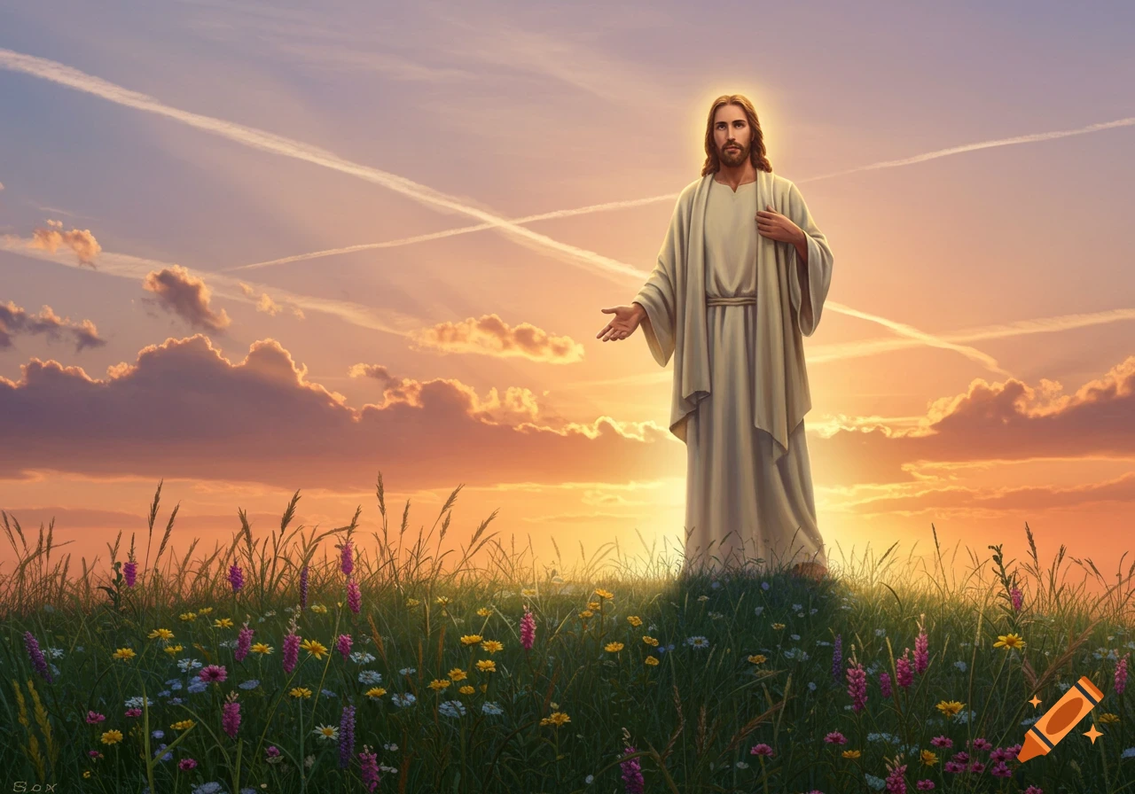 Jesus stands in a vibrant wildflower field at sunset, with an outstretched arm and glowing halo.