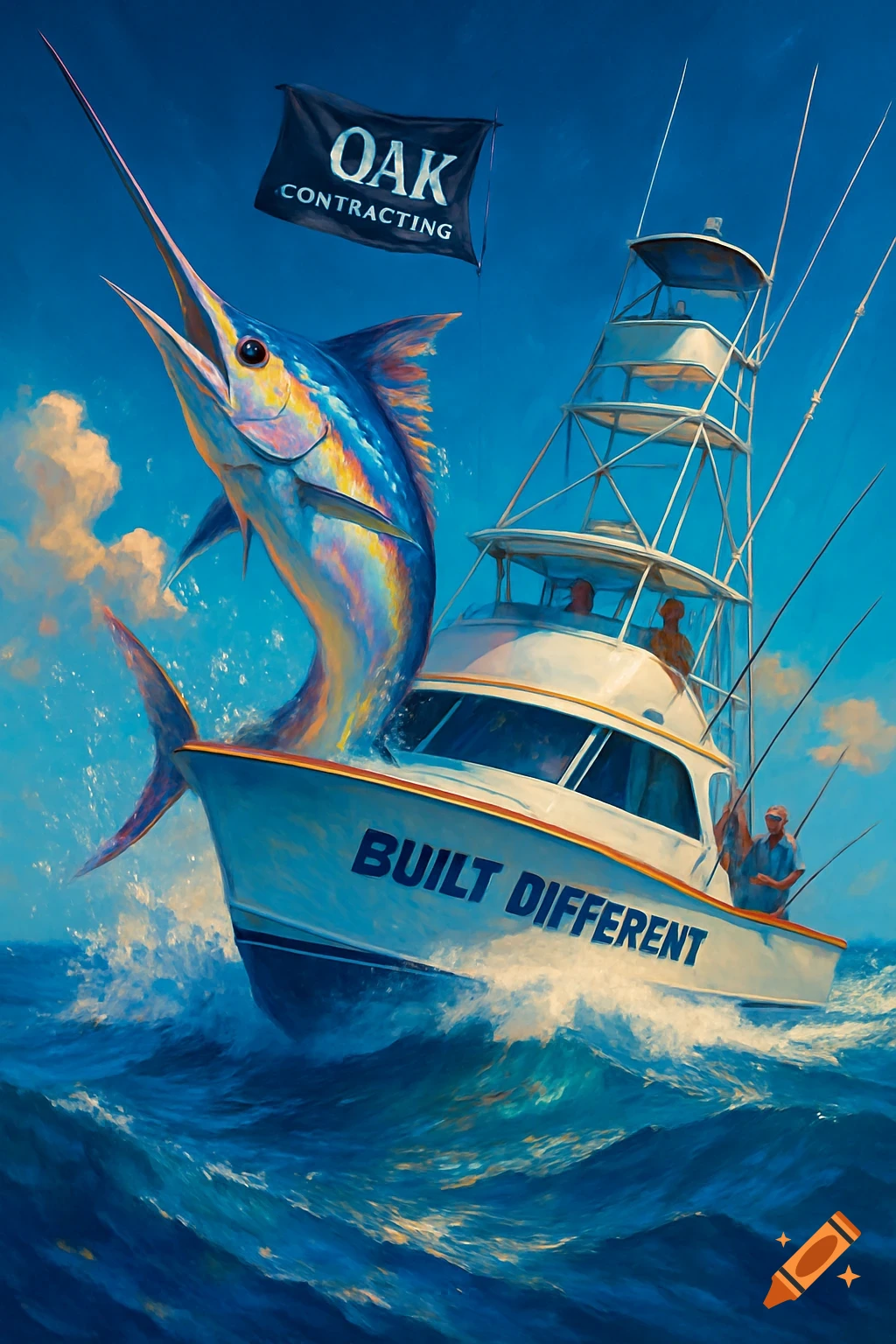 A colorful marlin jumps out of the ocean next to a white sportfishing boat named "Built Different" flying an "Oak Contracting" flag.