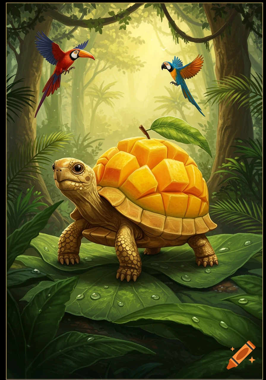 A whimsical tortoise with a segmented mango shell stands on large green leaves in a sunny jungle as two colorful parrots fly overhead.