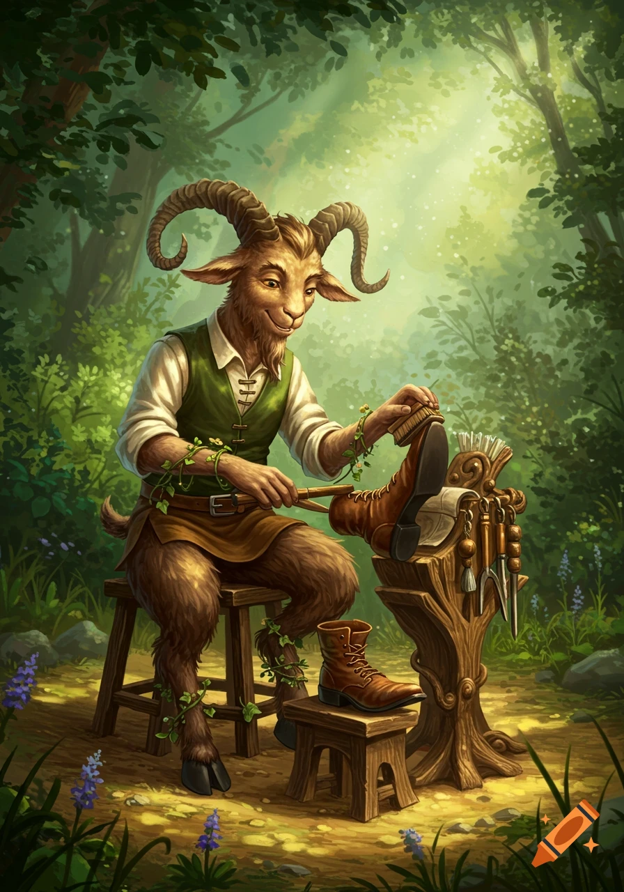 Fantasy illustration of a Satyr with goat legs and horns shining a boot in a sunlit forest.