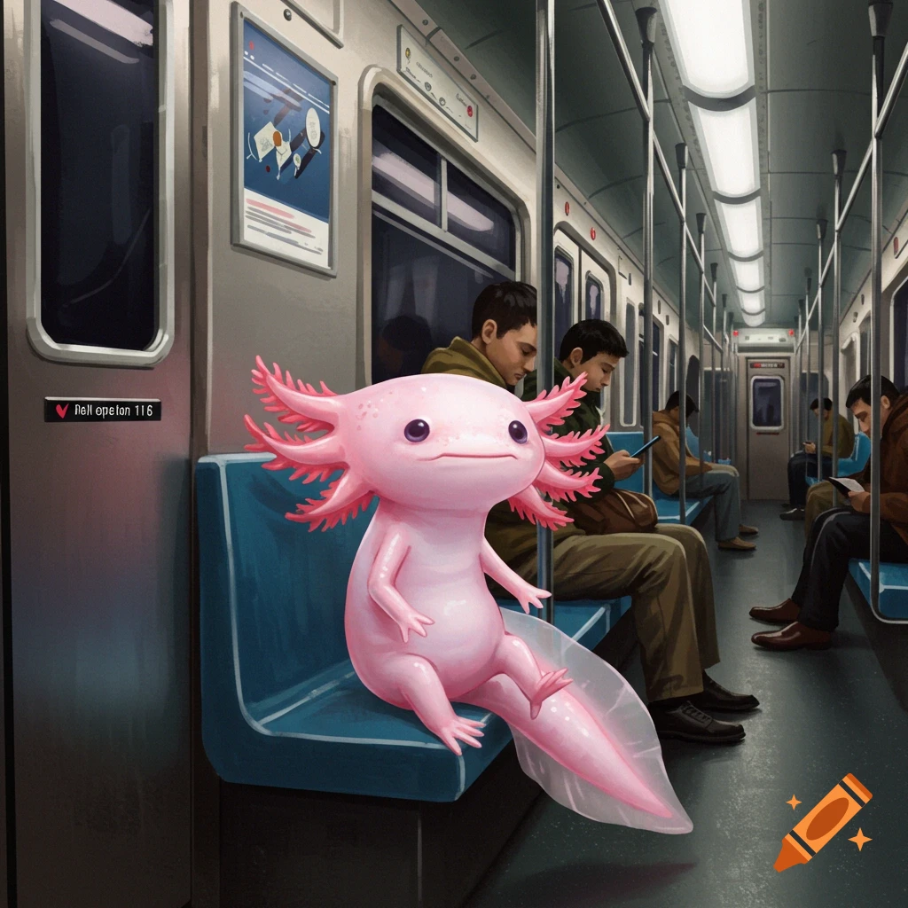 A cute pink axolotl sits on a blue seat inside a subway car, looking at the viewer. Other passengers are visible in the background.