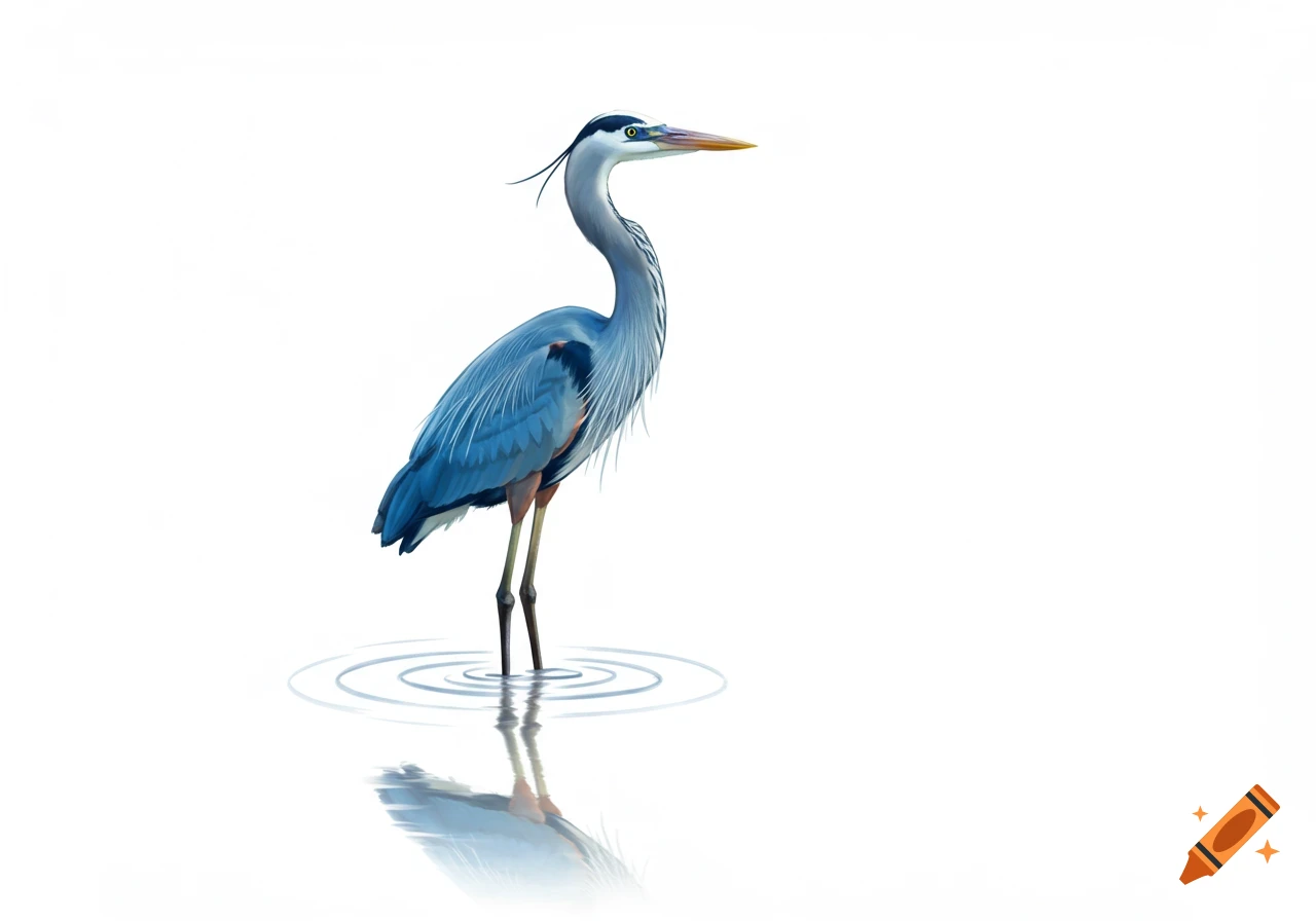 A blue heron with blue and white feathers stands in shallow water, creating ripples on a white background.