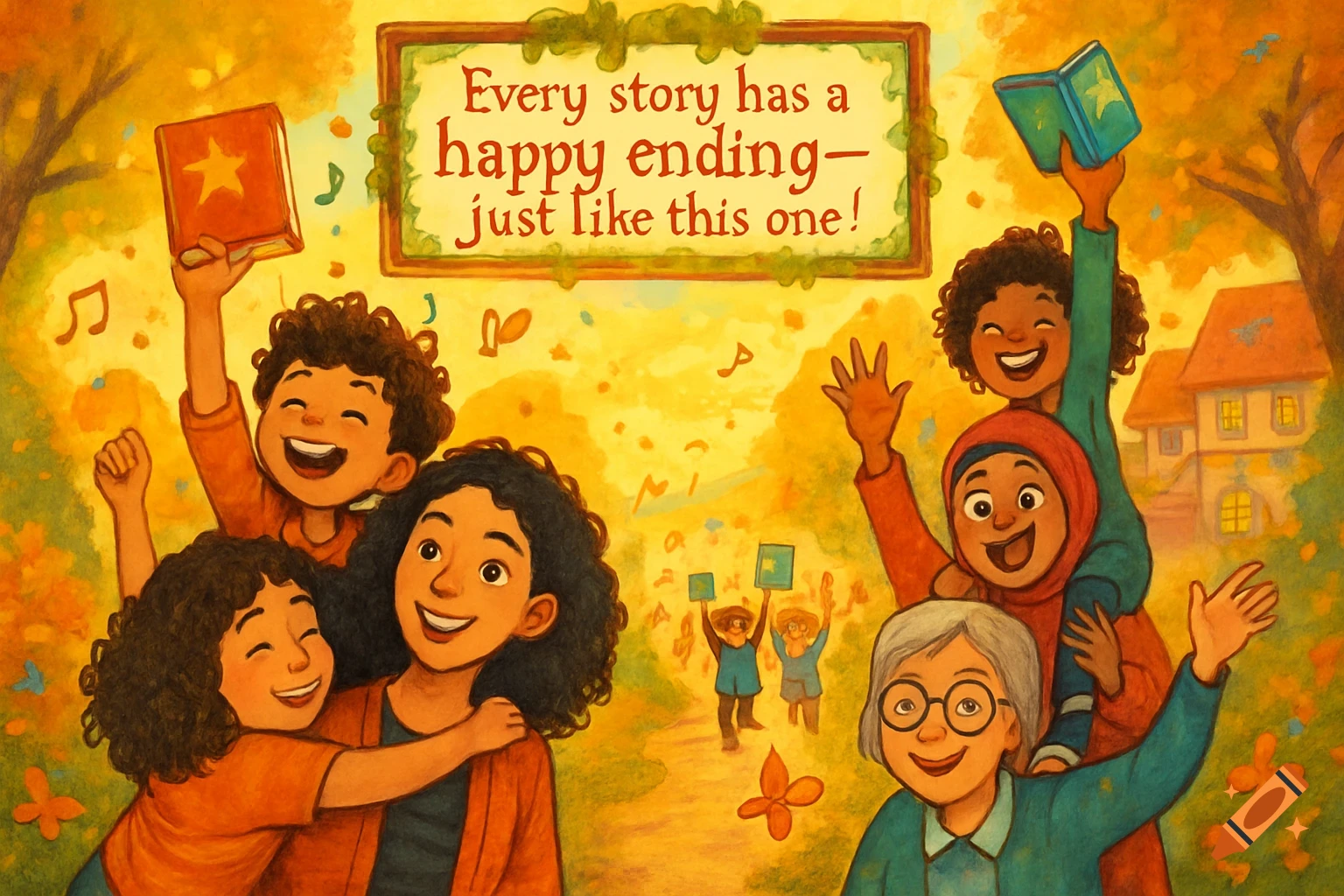 Joyful diverse group of children and adults holding books, with a sign reading 'Every story has a happy ending' in a vibrant, whimsical illustration.