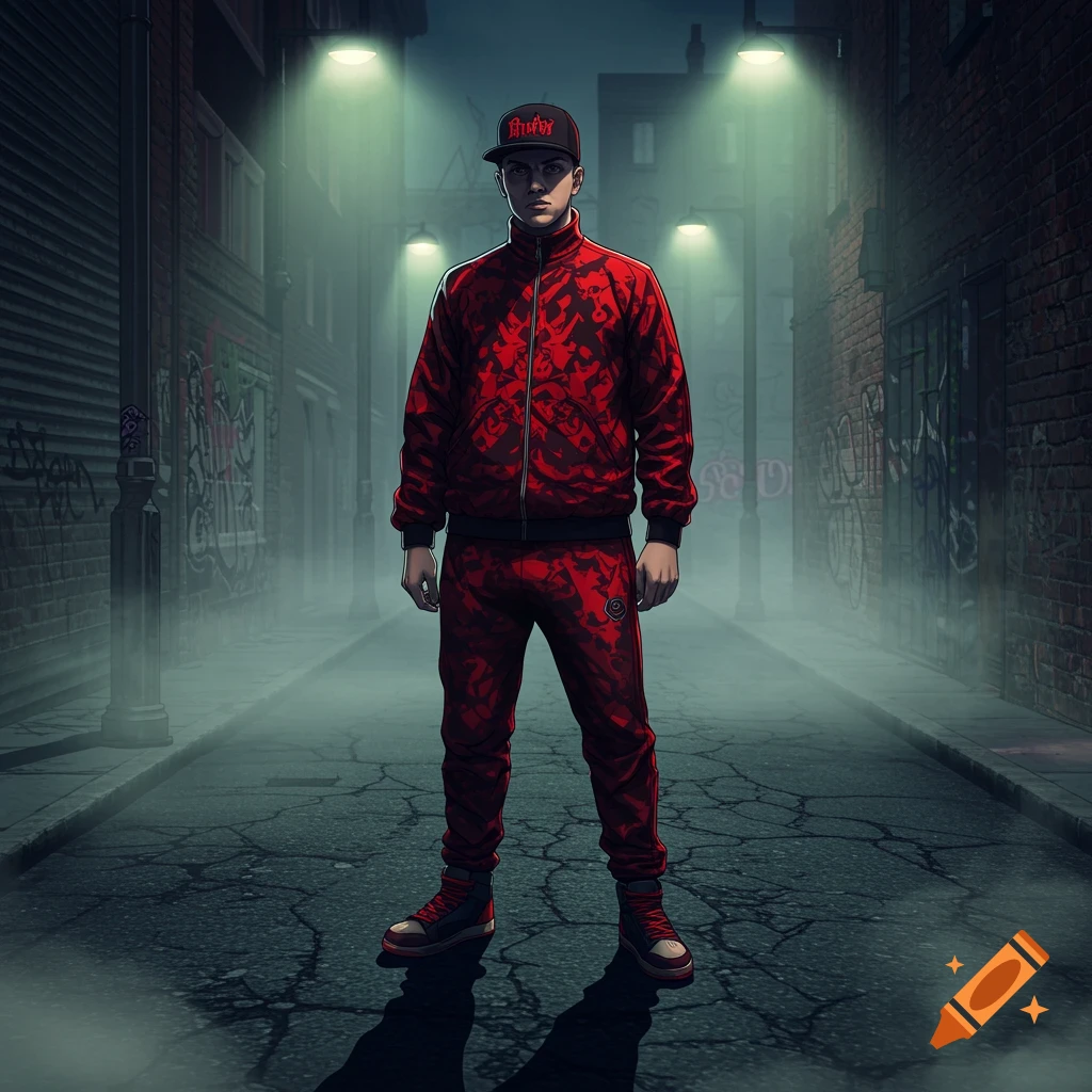 A stylized cartoon illustration of a young man in a red patterned tracksuit and black cap, standing in a foggy, dimly lit alleyway with graffiti-covered brick buildings and streetlights.