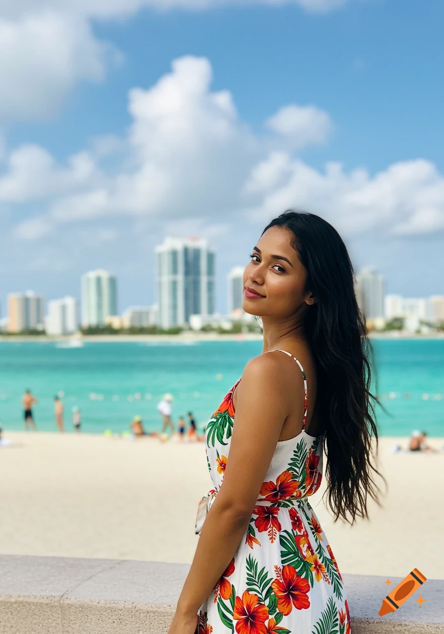 A woman in a floral dress stands on a beach with a city skyline and ocean in the background.
