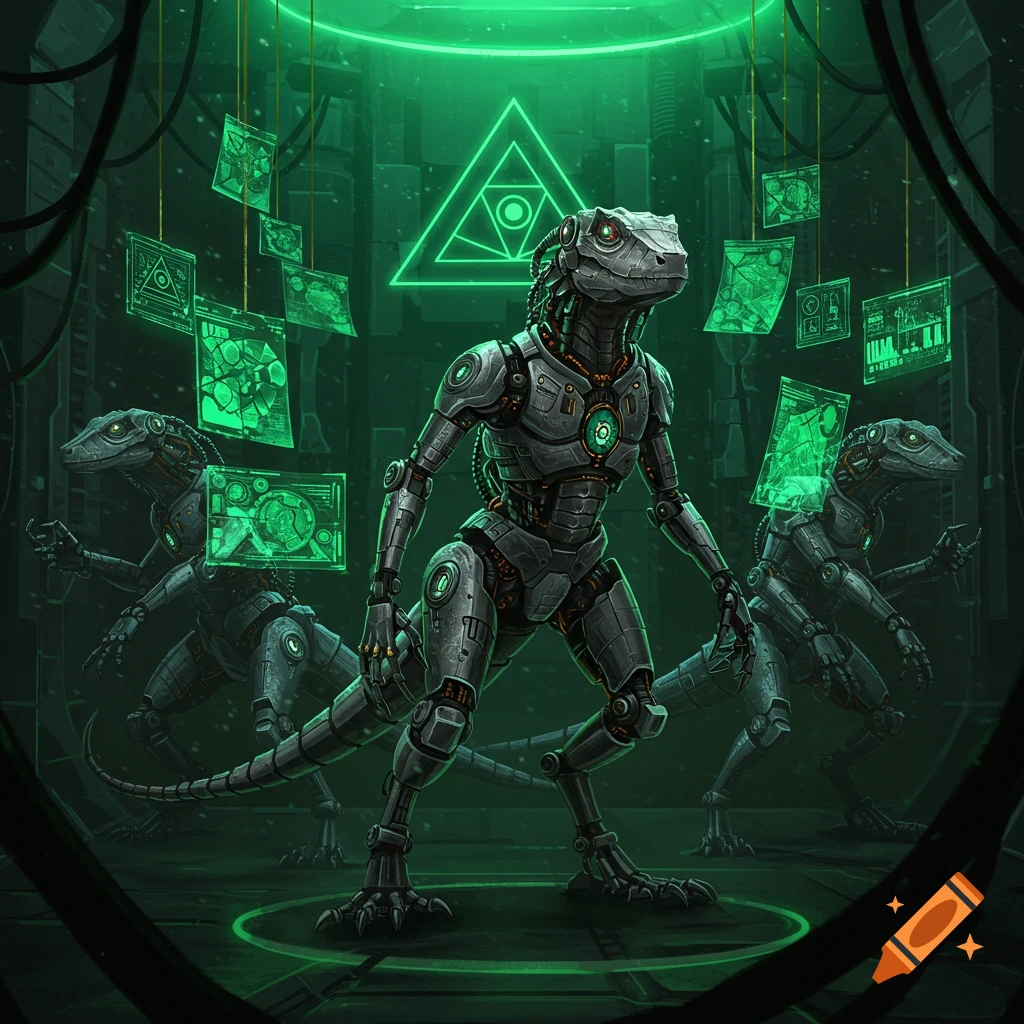 Robotic lizards stand in a dark, neon-green lit futuristic chamber with glowing screens and an eye-in-pyramid symbol.