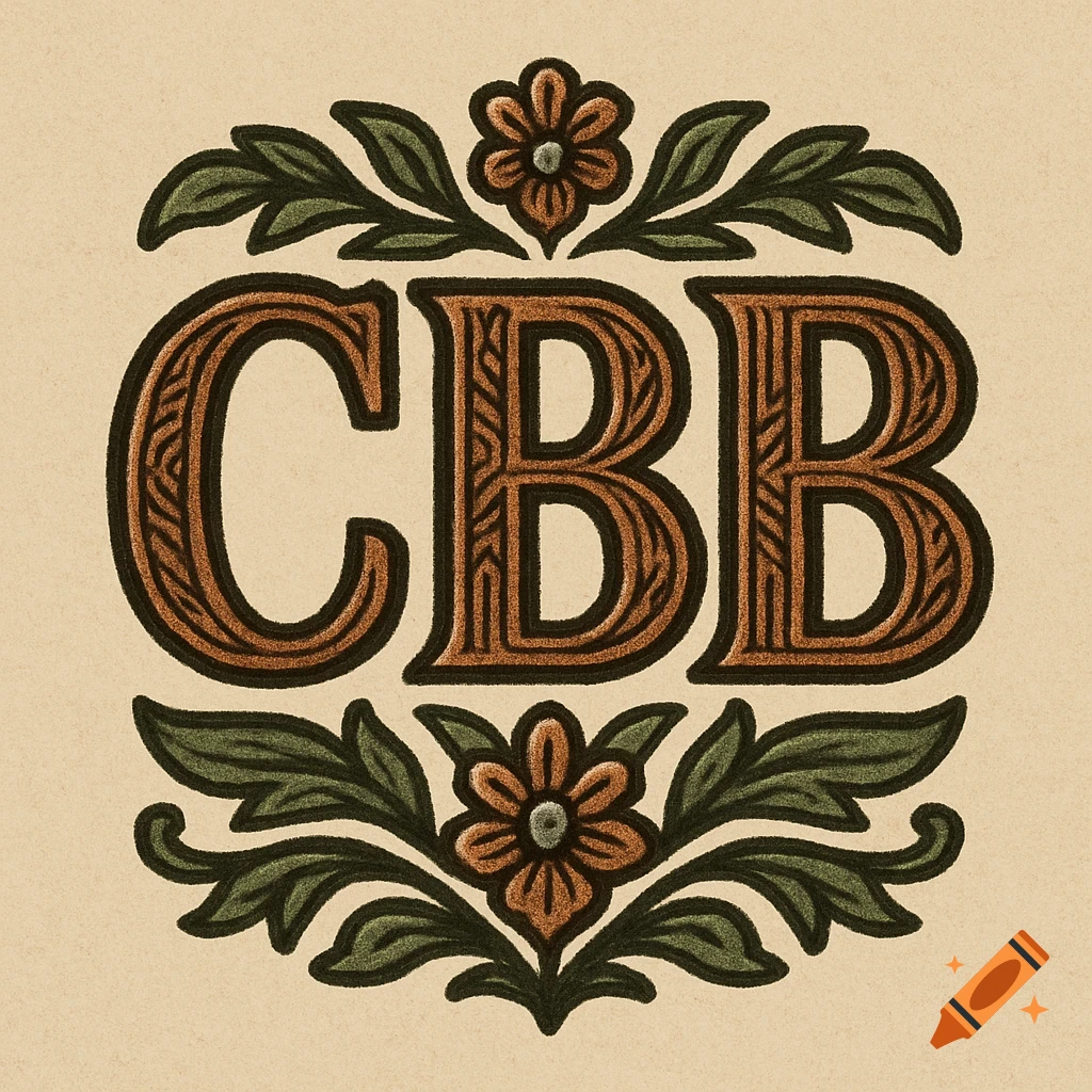A vintage woodblock style logo featuring the letters CBB, surrounded by stylized floral and leaf ornamentation on a light background.