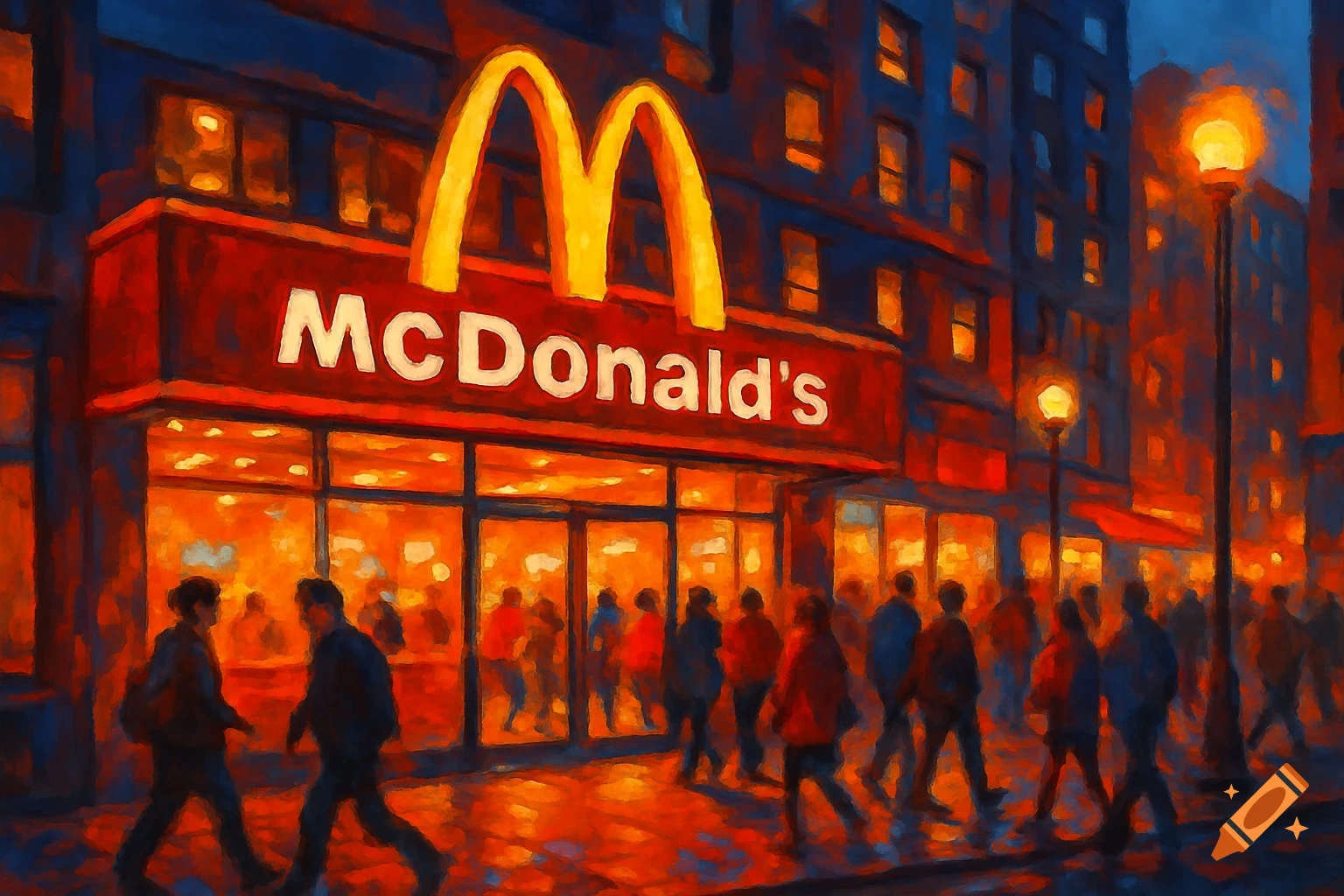 A painterly cityscape of a McDonald's restaurant at night, with its illuminated sign and pedestrians on the street.