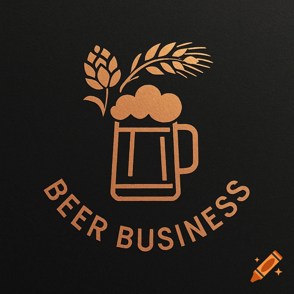 A minimalist logo for Beer Business in golden foil on a black background, featuring a beer mug, hops, and wheat.