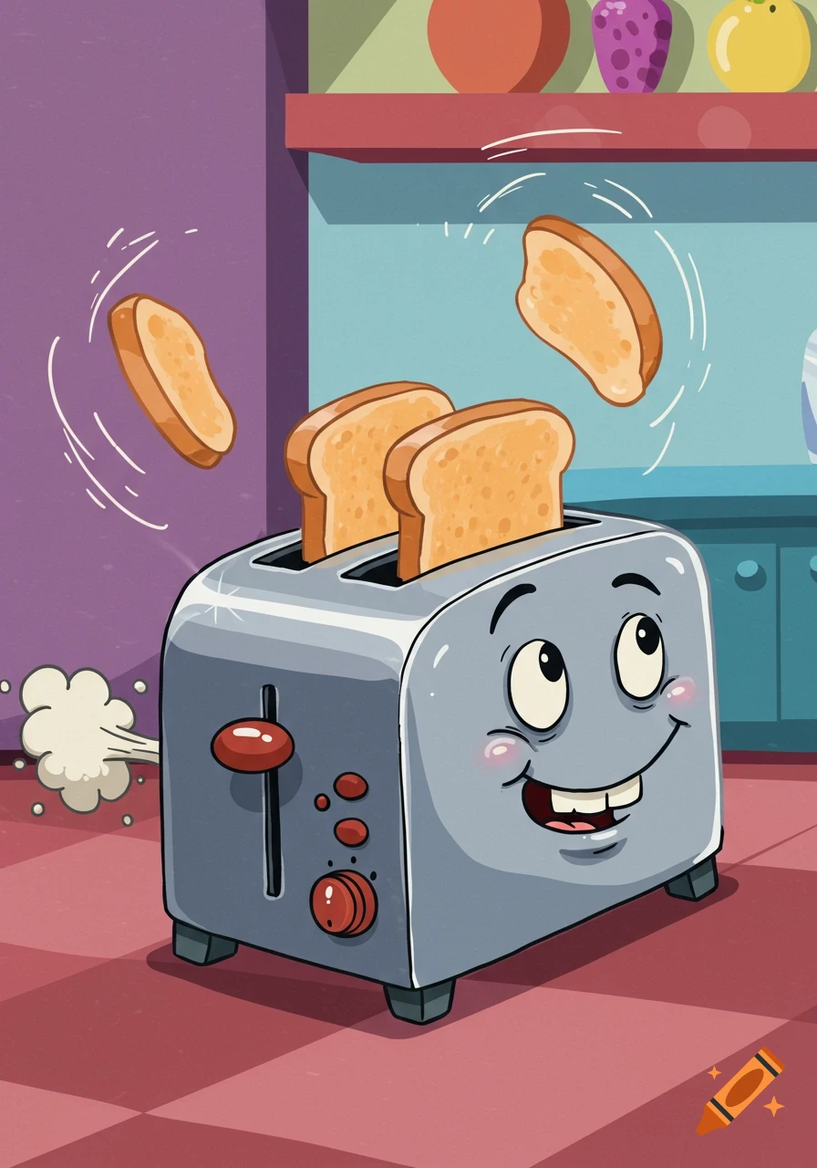 Cartoon toaster farting smoke while toasting bread in a kitchen.