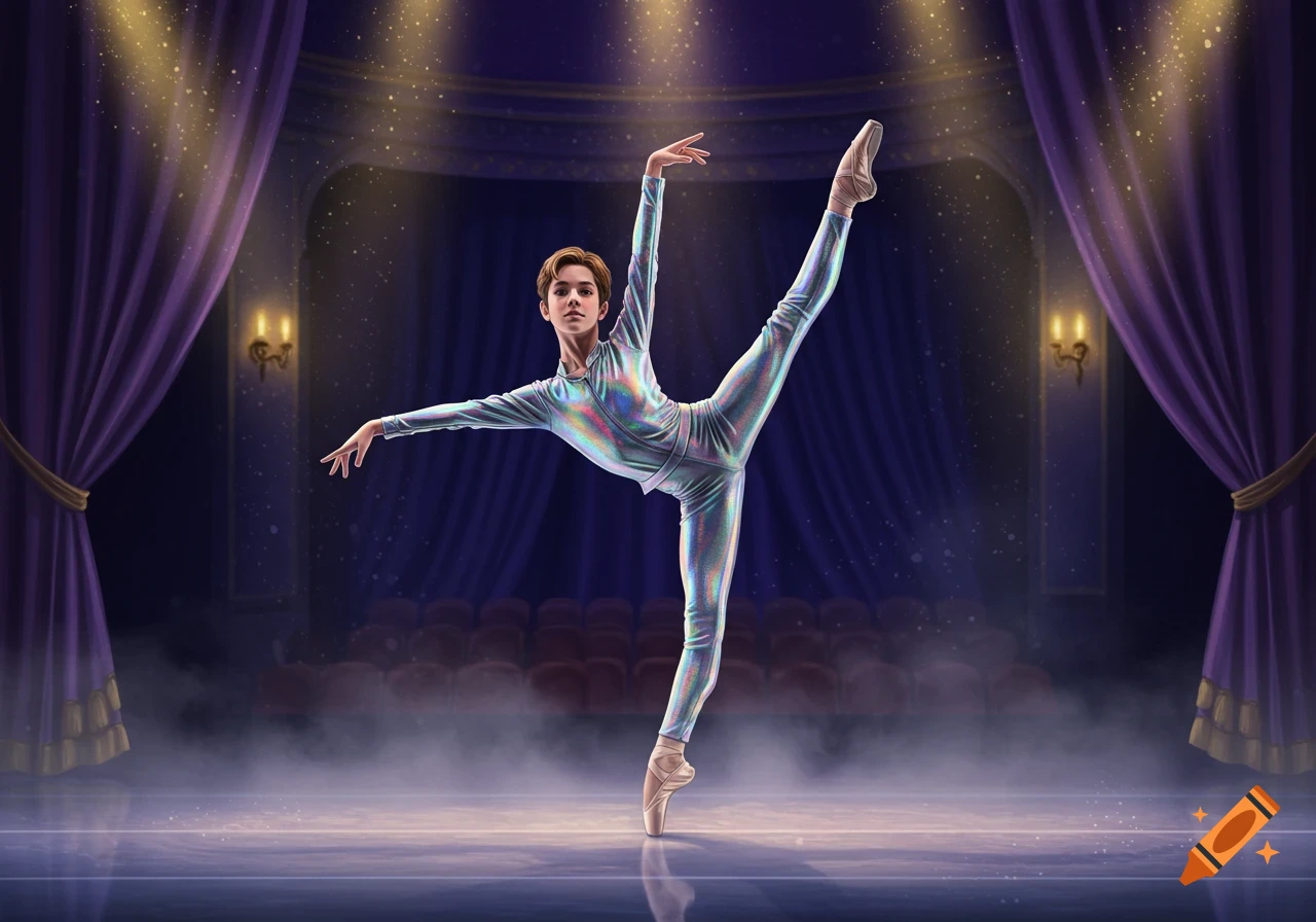 A young ballet dancer in a shiny metallic catsuit and pointe shoes performs on a stage with purple curtains under spotlights.