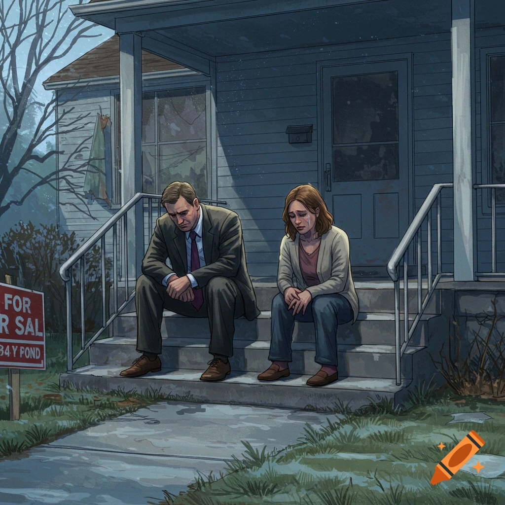 A sad man and woman sit on the porch steps of a house with a "FOR SAL" sign in the yard, illustrated.