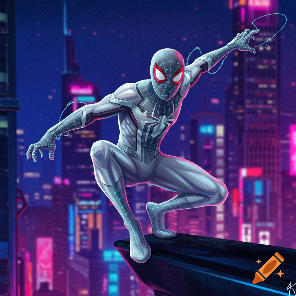 A superhero in a white and black suit with blue glowing lines, crouching on a building edge against a neon city skyline at night, comic art style.