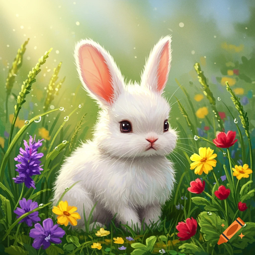 A cute white bunny with large pink ears sits in a lush green field filled with colorful purple, yellow, and red flowers. Sunlight beams down.