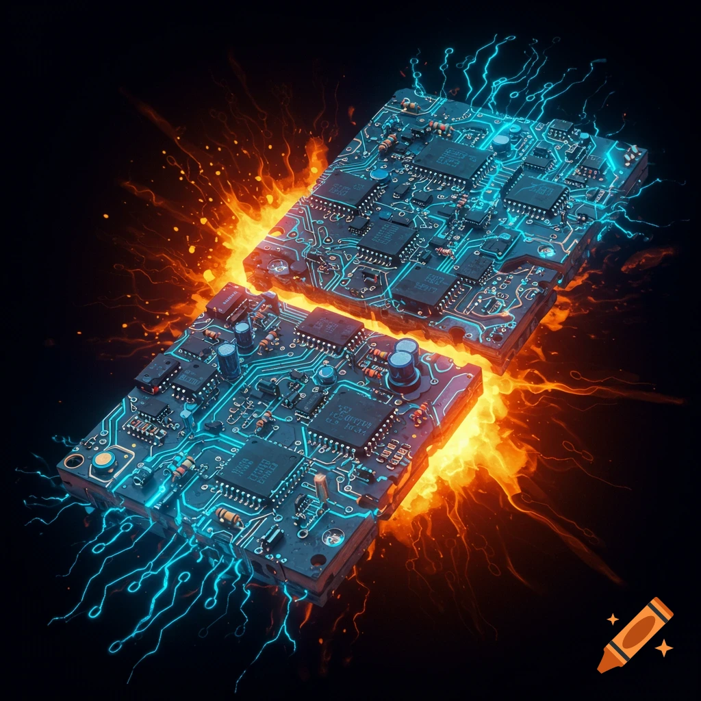 Two stylized circuit boards glowing with blue electrical energy and orange fiery bursts on a dark background.