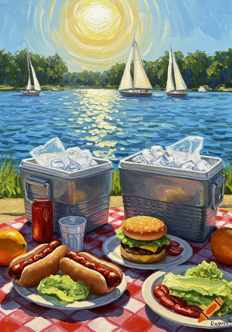 Oil painting of a sunny lakeside picnic with hot dogs, a hamburger, coolers, and sailboats on the water.