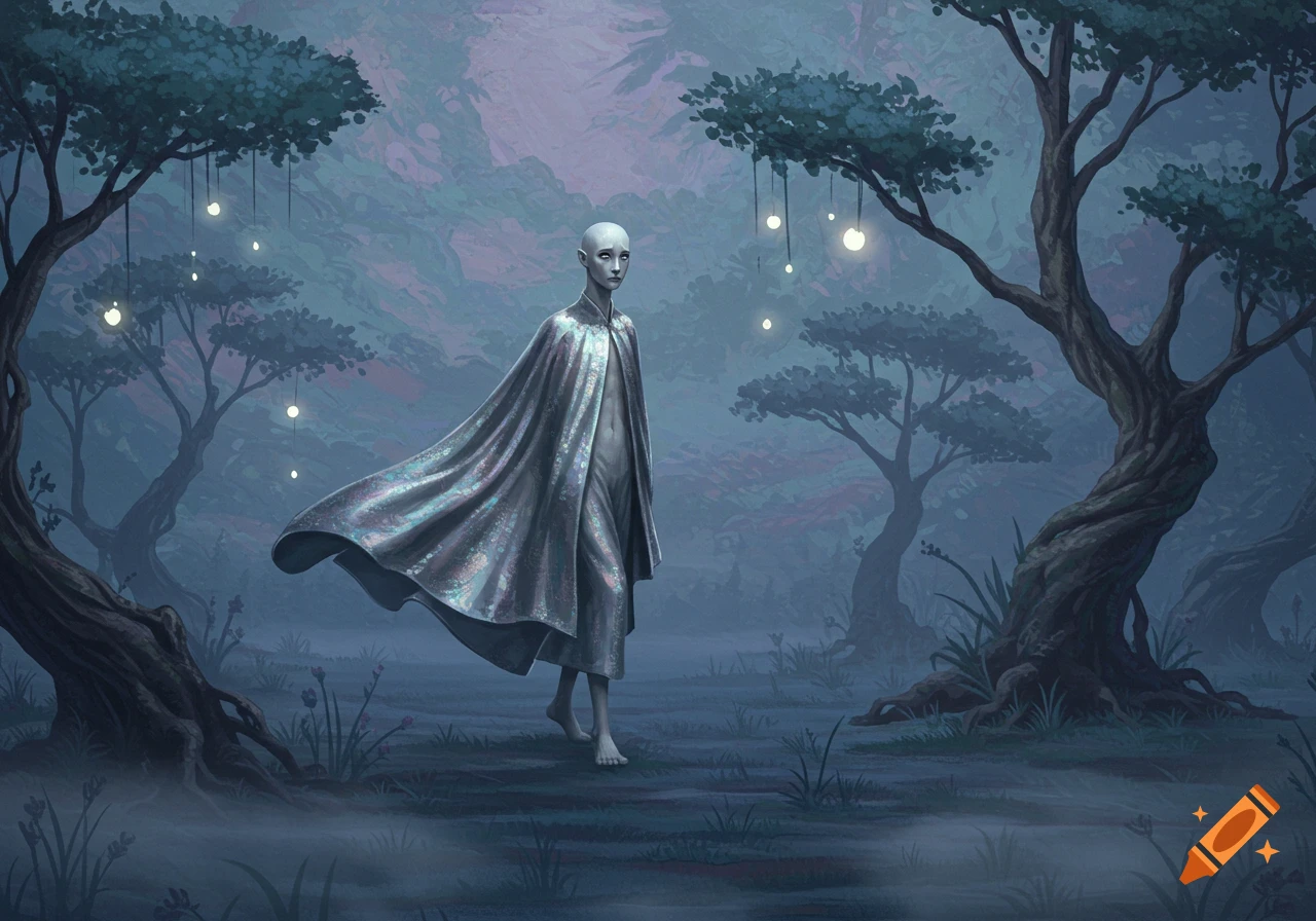 A pale, bald figure in a shimmering cloak walks through a misty, dark fantasy forest with glowing orbs.