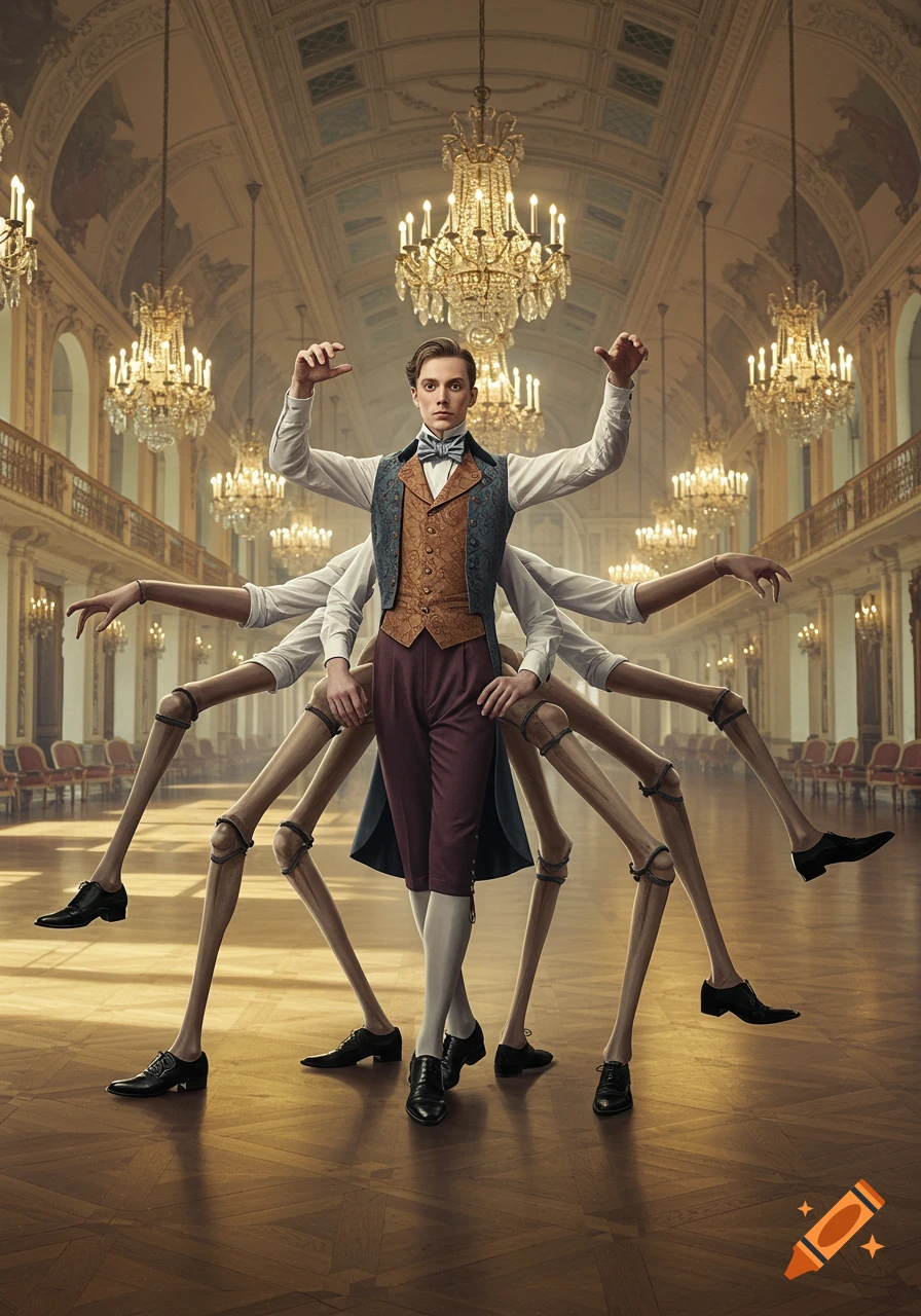 A man with multiple wooden, spider-like legs and arms stands in a grand, chandelier-lit ballroom in a detailed, photorealistic style.