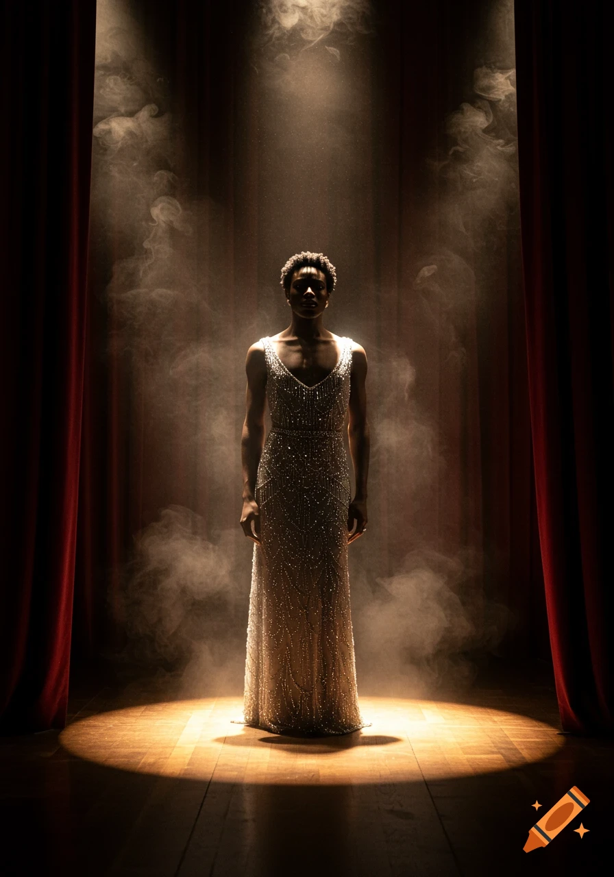 A person in a shimmering gown stands illuminated by a spotlight on a stage with red curtains and smoke.