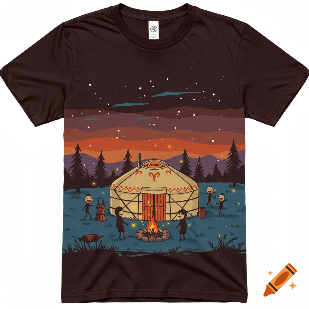 Cartoon illustration on a dark brown t-shirt depicting a yurt at night with stick figures, a campfire, and fireflies.